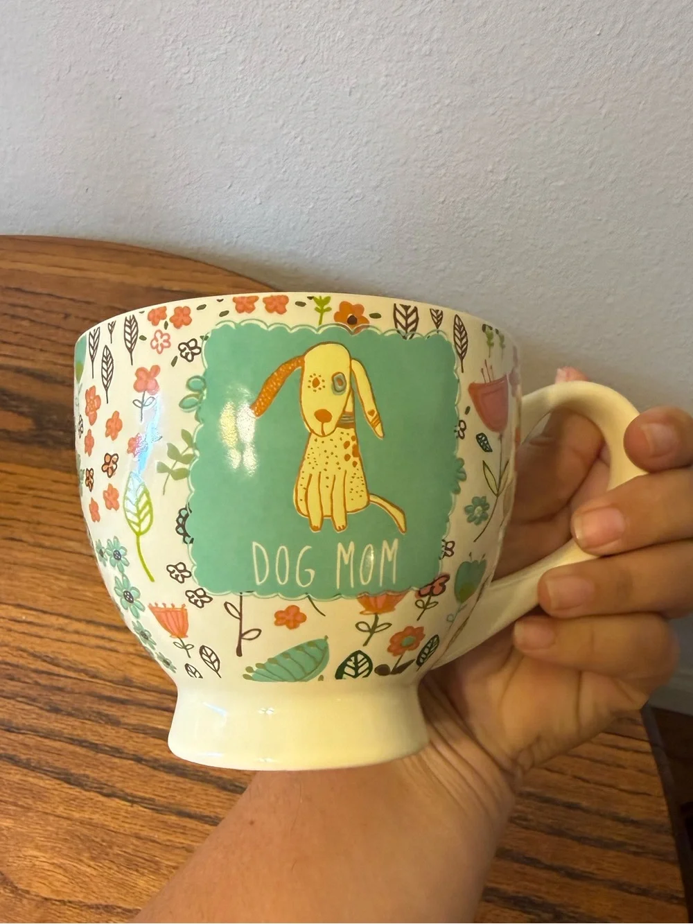 Dog Mom Ceramic Mug with Floral Design - Cream and Teal